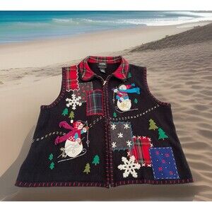 Designer Originals Studio Joy Sweater Vest Zip Black Christmas Snowman Ladies XL